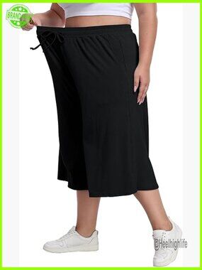 Plus Size Wide Leg Capri Palazzo Lounge Pants with Pockets